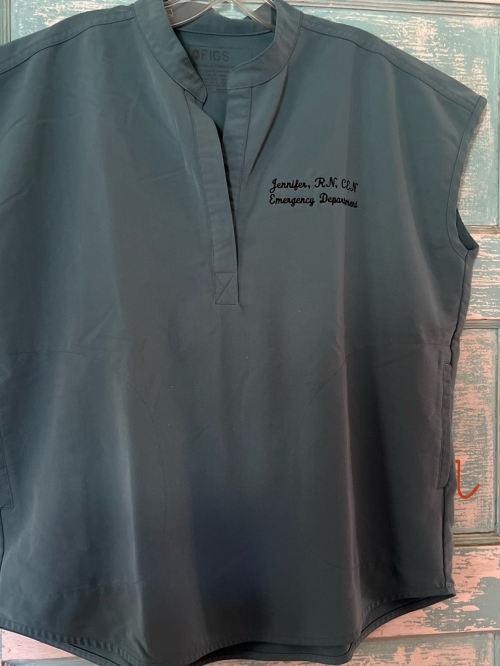 FIGS Rafaela hydro green Mandarin Collar Scrub Top embroidered
